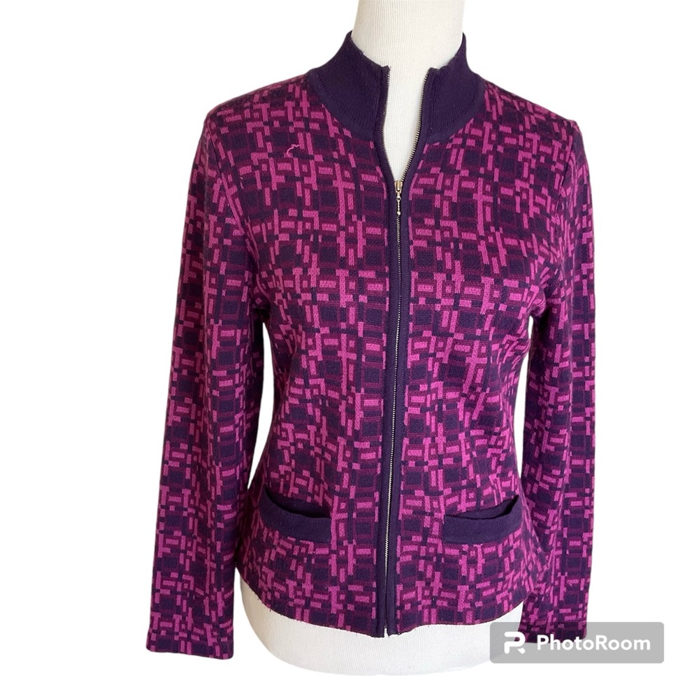 Vintage 70s Retro Geometric Pattern Full Zip Cardigan Sweater Pockets Purple S
